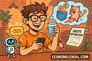 Ilustración estilo cartoon de un joven feliz en una cafetería moderna, recibiendo un cupón de descuento de un pequeño robot mientras disfruta su bebida. Muestra cómo ahorrar sin renunciar a lo que te gusta.