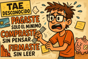 Ilustración divertida en estilo cartoon donde un joven angustiado intenta tapar con post-its una pared llena de errores financieros como “firmar sin leer” y “pagar el mínimo de la tarjeta”.
