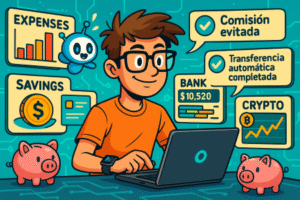 Ilustración estilo cómico con un joven rodeado de pantallas holográficas de apps financieras, controlando sus finanzas con ayuda de un asistente digital animado que le lanza notificaciones positivas.