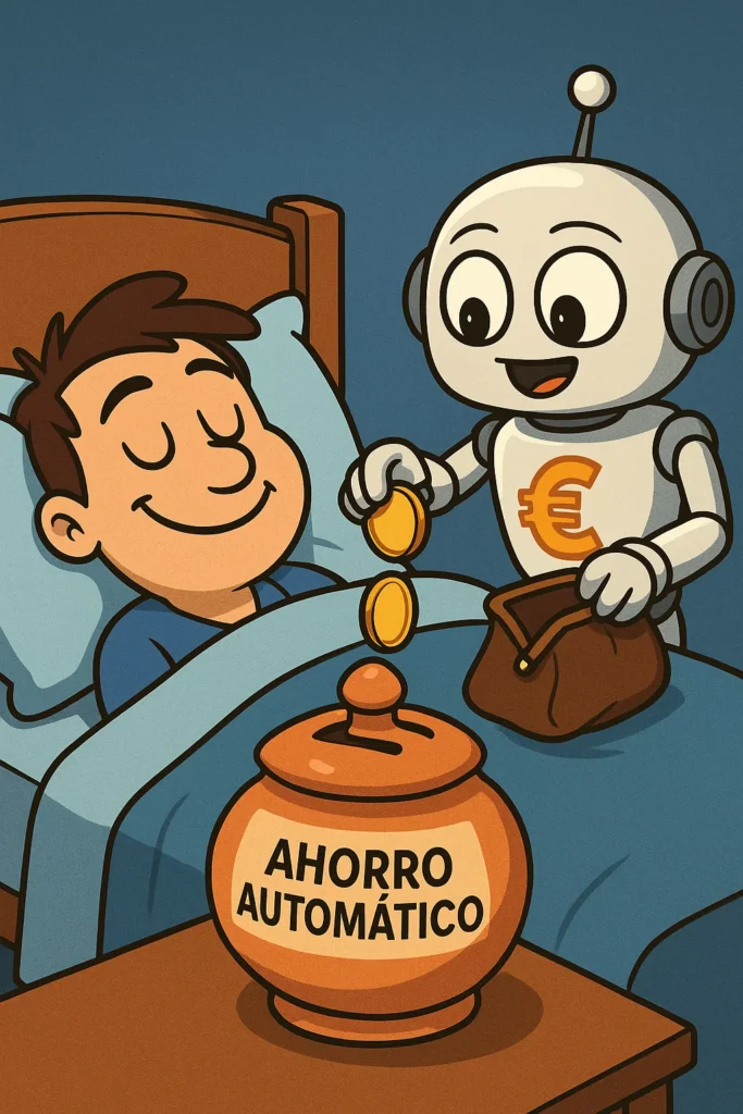 Lección 3.3: Trucos ninja para ahorrar sin sufrir (demasiado): Gastos hormiga, descuentos, automatización... 3 Ilustración cómica del ahorro automático: dinero fluyendo directo del salario a la hucha, evitando tentaciones.