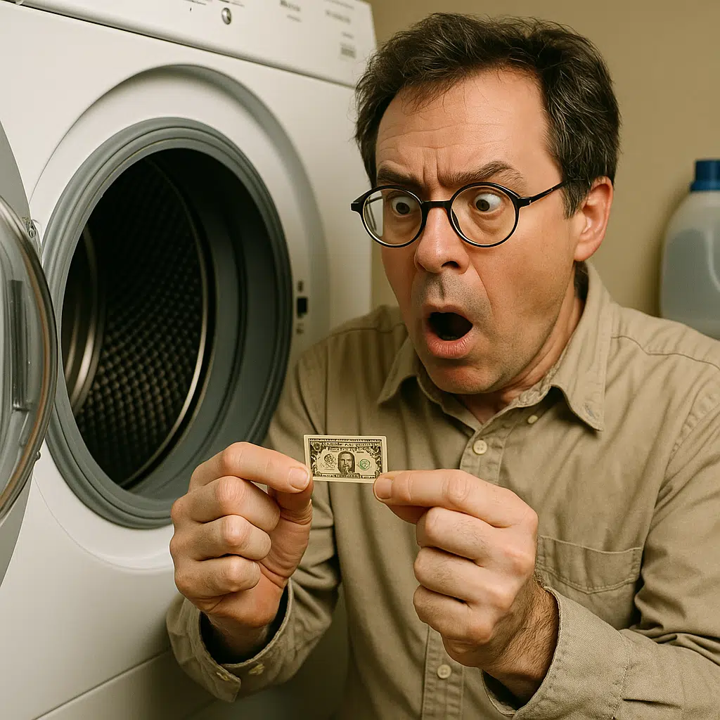 Billete encogido tras pasar por la lavadora como metáfora visual divertida de la inflación y la pérdida de poder adquisitivo.