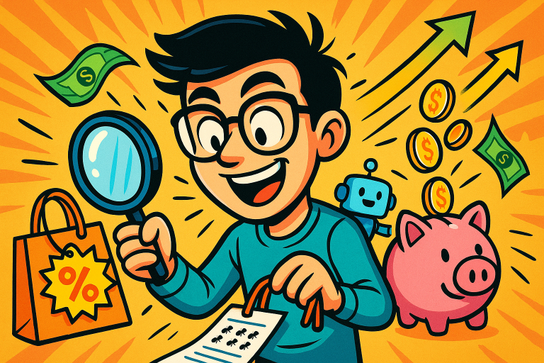 Lección 3.3: Trucos ninja para ahorrar sin sufrir (demasiado): Gastos hormiga, descuentos, automatización... 5 Joven con lupa y lista de la compra analiza sus gastos, rodeado de dinero, un cerdito sonriente y una bolsa de descuentos, representando hábitos de ahorro diarios con energía y humor.