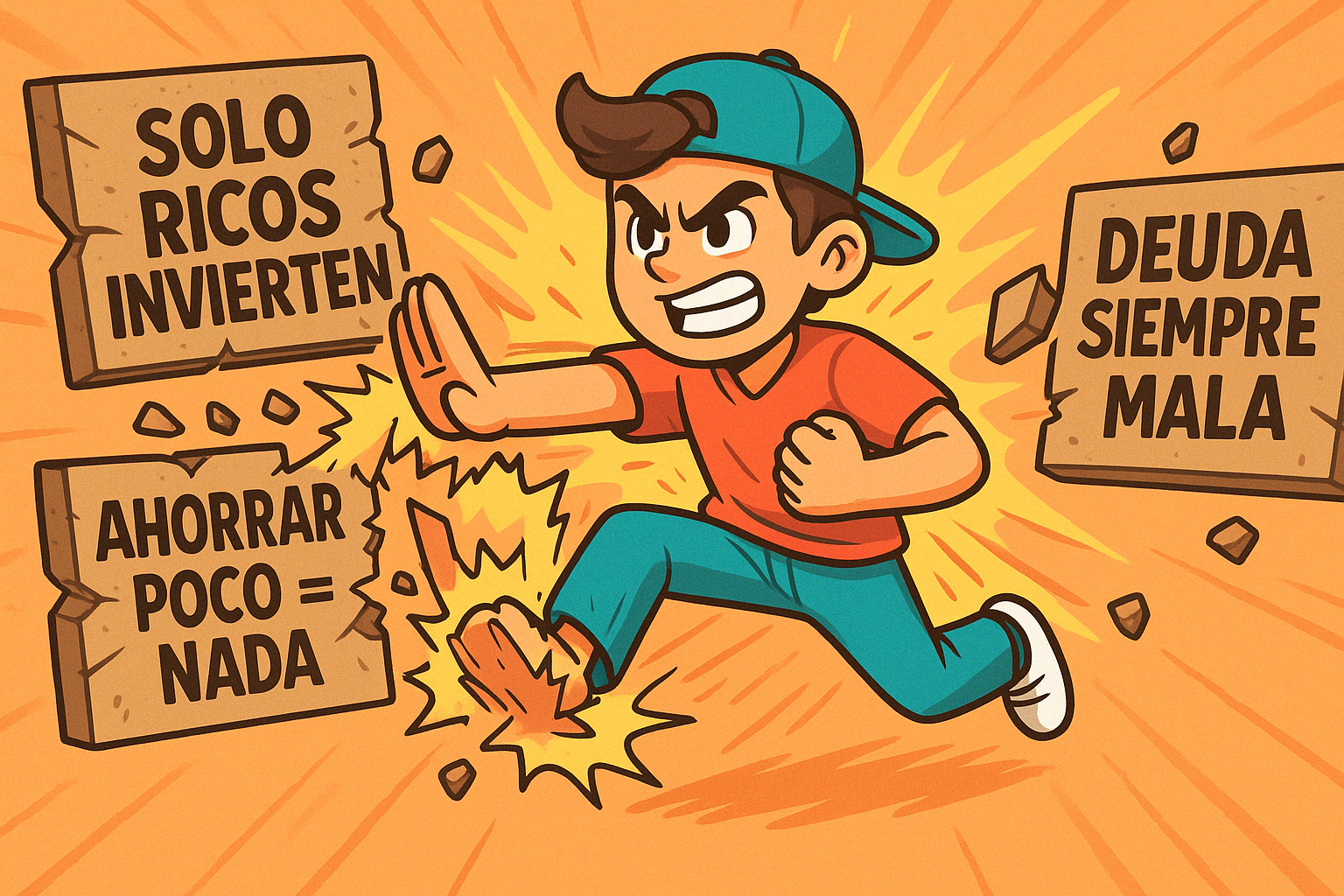 Lección 1.4: ¡Que no te cuenten milongas! Derribando mitos comunes sobre el dinero. 2 Persona joven rompiendo muros con mitos financieros escritos (invertir es para ricos, deuda es mala...)