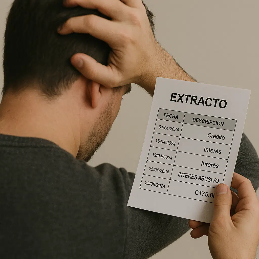Extracto de tarjeta de crédito con intereses elevados y persona preocupada