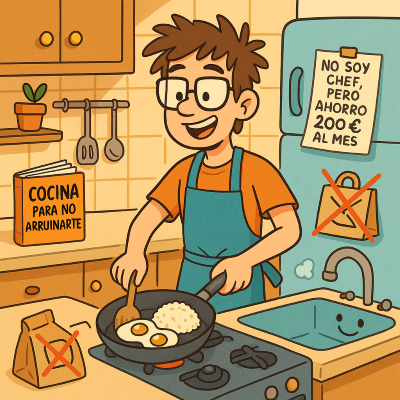 Como ahorrar dinero, 10 consejos prácticos para ahorrar cada mes 4 Ilustración estilo cartoon de un joven cocinando en casa con expresión orgullosa, mientras prepara un plato sencillo frente a un recetario que dice “Cocina para no arruinarte”. A su lado, una bolsa de comida a domicilio está tachada y la nevera muestra un cartel: “No soy chef, pero ahorro 200 € al mes”.