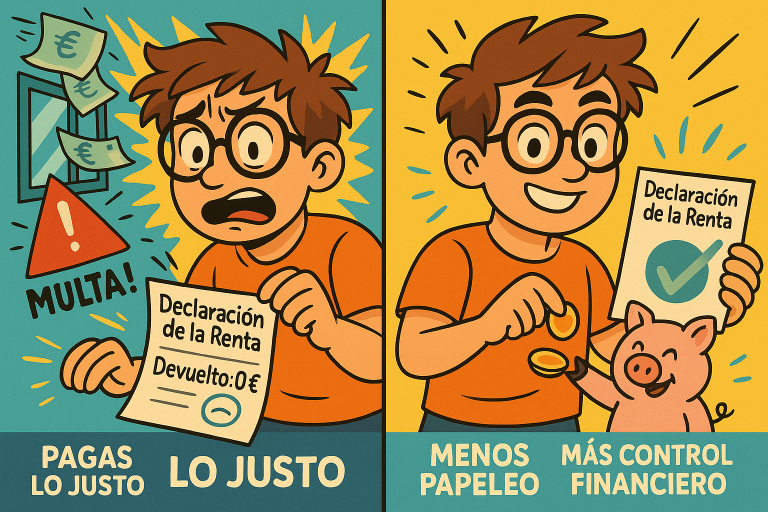 Los 5 errores más comunes al hacer la declaración de la renta (y cómo evitarlos) 2 Ilustración estilo cartoon dividida en dos partes: una muestra al personaje perdiendo dinero por errores en la declaración, y otra lo muestra tranquilo con su devolución bien hecha y ventajas como menos papeleo y más control financiero.