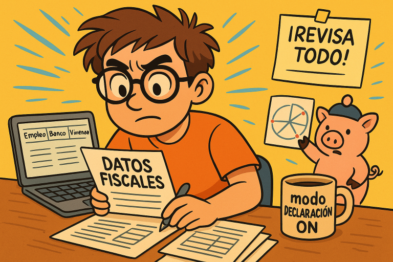 Los 5 errores más comunes al hacer la declaración de la renta (y cómo evitarlos) 3 Ilustración estilo cartoon de un joven revisando sus datos fiscales antes de hacer la renta, con pestañas abiertas de empleo, vivienda y pensiones. Su cerdito ayudante señala los elementos clave en una gráfica.