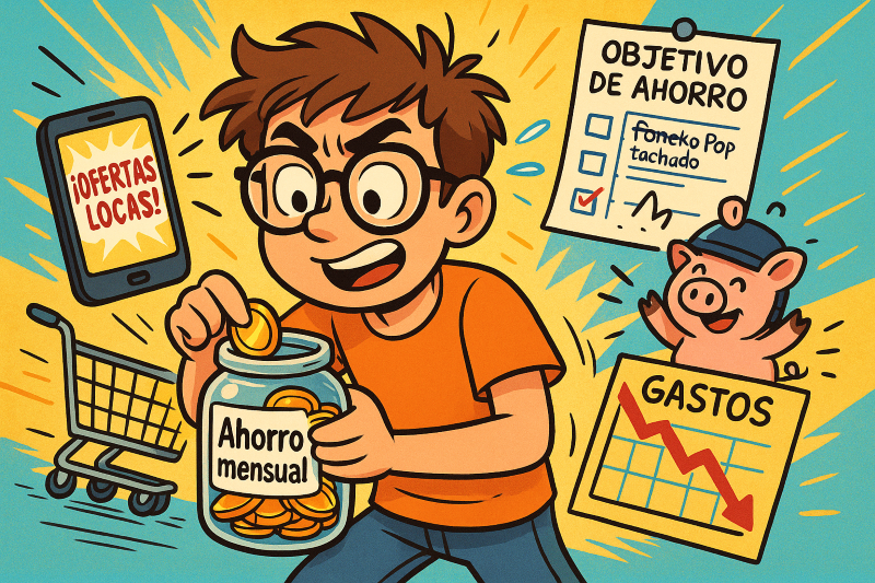 Ilustración estilo cartoon de un joven concentrado ahorrando dinero, mientras lo persiguen alertas de descuentos y un carrito de compras lleno de cosas absurdas. Él guarda monedas en un tarro etiquetado “Ahorro mensual”, con expresión decidida y cómica.