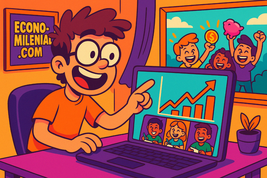 Ilustración estilo cartoon de un joven con gafas y camiseta naranja enseñando finanzas desde su portátil en casa, con gráficos de inversión en pantalla y jóvenes felices aprendiendo a través de la ventana, representando la educación financiera en Economilenial.com