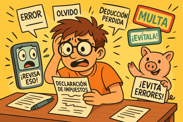 Ilustración estilo cartoon de un joven cometiendo errores al hacer la declaración de la renta, con papeles volando, advertencias visibles y una calculadora que le alerta. El cerdito aconseja revisarlo todo antes de enviarlo.