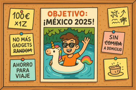Como ahorrar dinero, 10 consejos prácticos para ahorrar cada mes 2 Ilustración estilo cartoon de un corcho lleno de objetivos de ahorro, con un cartel central que dice “Objetivo: ¡México 2025!” y una imagen divertida del personaje principal flotando feliz en un cenote. A su alrededor hay notas graciosas como “Funko Pop tachado” y “100 €/mes x 12”.