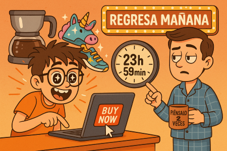 Como ahorrar dinero, 10 consejos prácticos para ahorrar cada mes 3 Ilustración cómica en estilo cartoon con el personaje a punto de hacer una compra online, mientras una versión calmada de sí mismo le detiene señalando un reloj que marca 23h 59min. En el carrito hay objetos absurdos como una cafetera gigante y un sombrero de unicornio.
