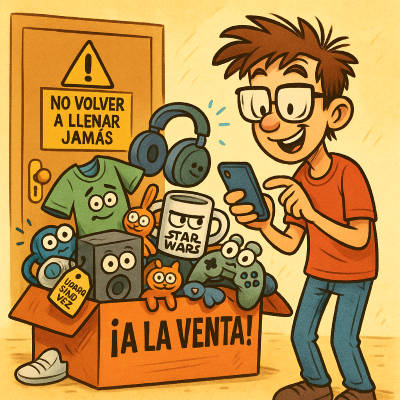 Como ahorrar dinero, 10 consejos prácticos para ahorrar cada mes 5 Ilustración estilo cartoon de un joven preparando una caja para vender objetos que no usa, como gadgets, tazas, ropa y auriculares, con expresiones graciosas en los objetos. Usa su móvil para publicarlos mientras sonríe y se libera del exceso.
