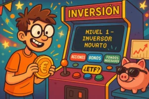 Imagen estilo caricatura con un joven frente a una máquina arcade de inversión, decidiendo entre opciones como “Bonos” o “ETF”, mientras sostiene una gran moneda con nerviosismo y emoción.