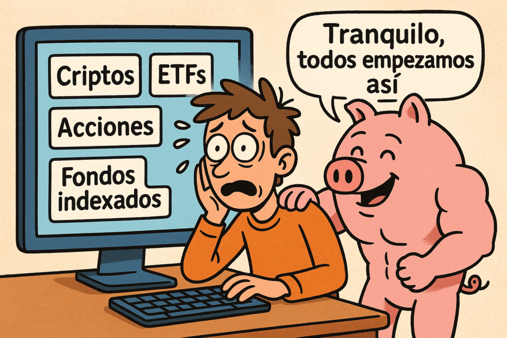 Inversiones para principiantes 1 Caricatura graciosa de un principiante confundido ante tantas opciones de inversión