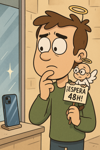 Lección 3.3: Trucos ninja para ahorrar sin sufrir (demasiado): Gastos hormiga, descuentos, automatización... 4 Consejo sobre cómo ahorrar dinero: caricatura de joven aplicando regla de esperar 48h antes de comprar.