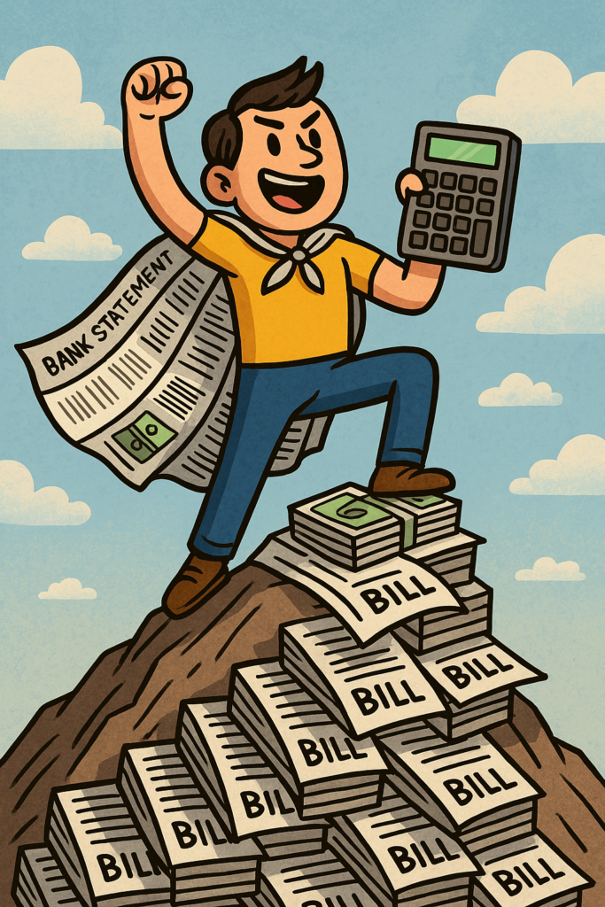 Gestión del dinero 6 Persona superando el caos financiero con humor, en plan superhéroe de la gestión del dinero